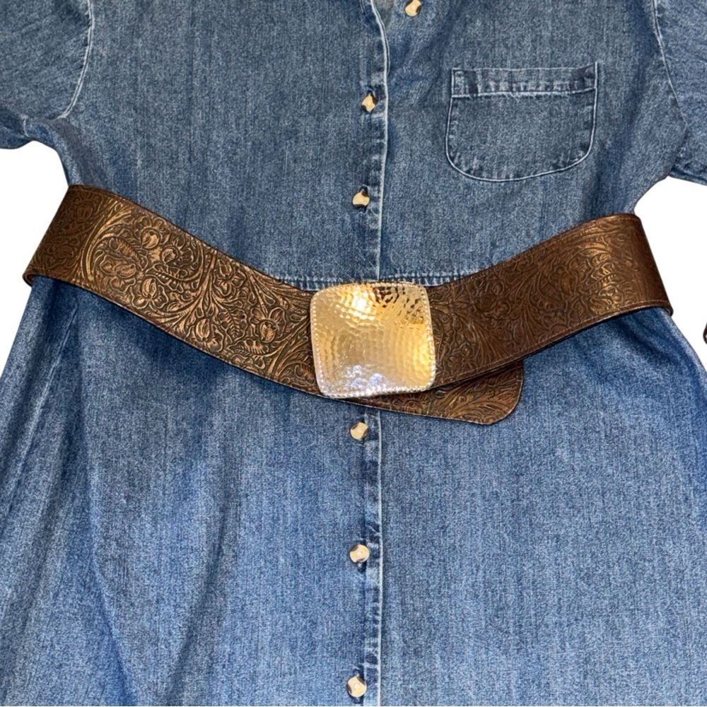 P.DIAMOND TOOLED LEATHER WESTERN WIDE WAIST BELT WITH SILVER HAMMERED BUCKLE